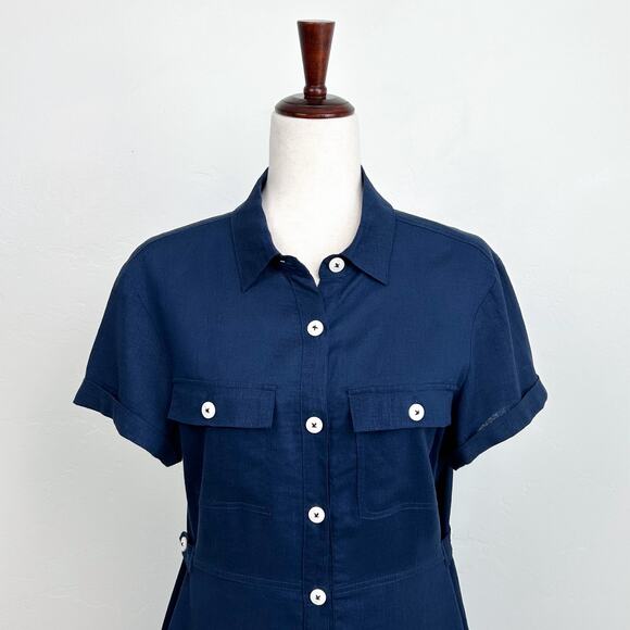 Something, Somewhere Navy Blue Linen Utility Cargo Mini Dress - Picture 2 of 8